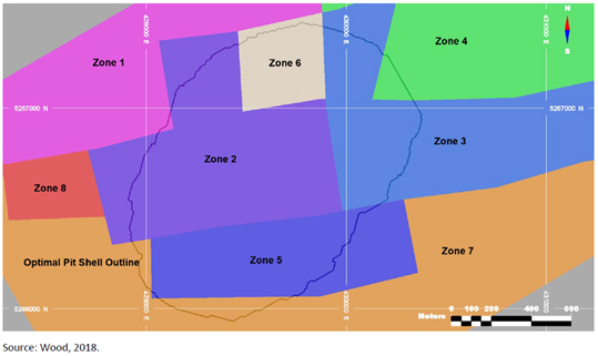 Figure 1: Planview map superimposing royalty coverage and the proposed open pit outline (Reference: Côté Technical Report)